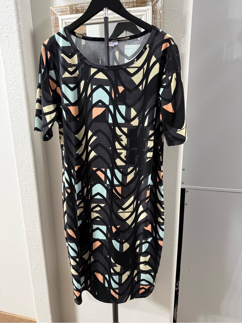 LuLaRoe Black Midi Dress with Mint, Peach, and Cream Abstract Print